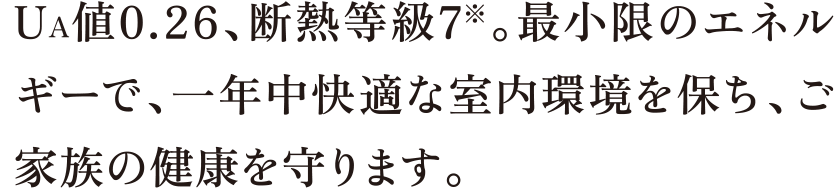UA値0.26、断熱等級7※。最小限のエネルギーで、一年中快適な室内環境を保ち、ご家族の健康を守ります。