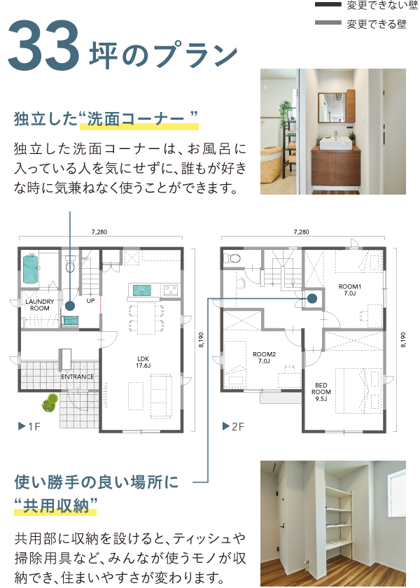 ベースプラン 30 坪のプラン 家族の気配を感じる“一体型のLDK” 対面キッチンを採用しています。キッチンに立ち、料理をしながら、ダイニングやリビングにいる家族の様子をうかがえます。 屋内・屋外の収納に 役立つ“土間収納” 家族みんなが使える  “フリースペース” 土間収納には、靴や傘だけではなくベビーカーや外遊びで使うおもちゃ、さらにはお出かけ用の上着など、様々なものが収納できます。 家族が共用で使えるフリースペースは、室内干しスペースや子どもたちのスタディコーナーなど、暮らしを豊かにする便利なスペースです。