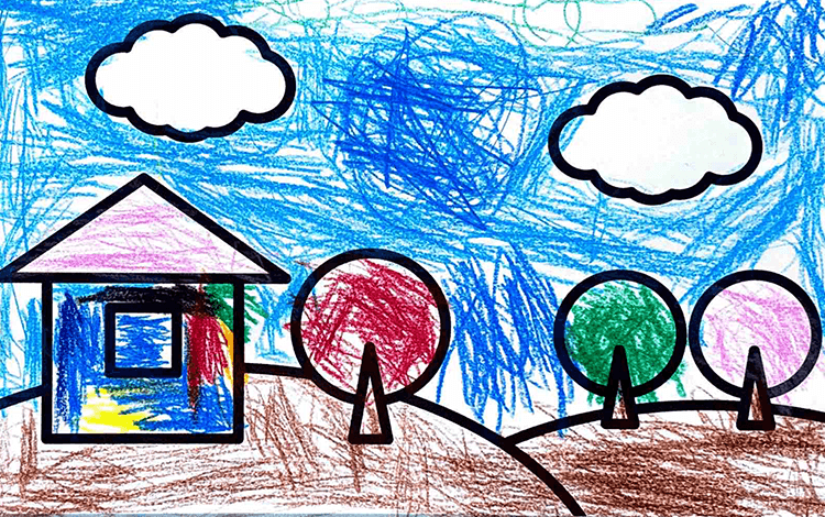 とんでいるでんしゃがみえるおうち