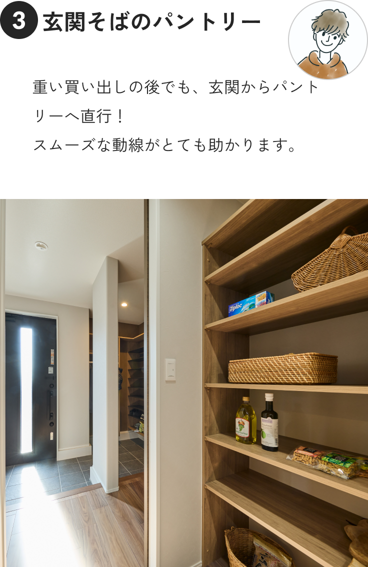 ③重い買い出しの後でも、玄関からパントリーへ直行！スムーズな動線がとても助かります。